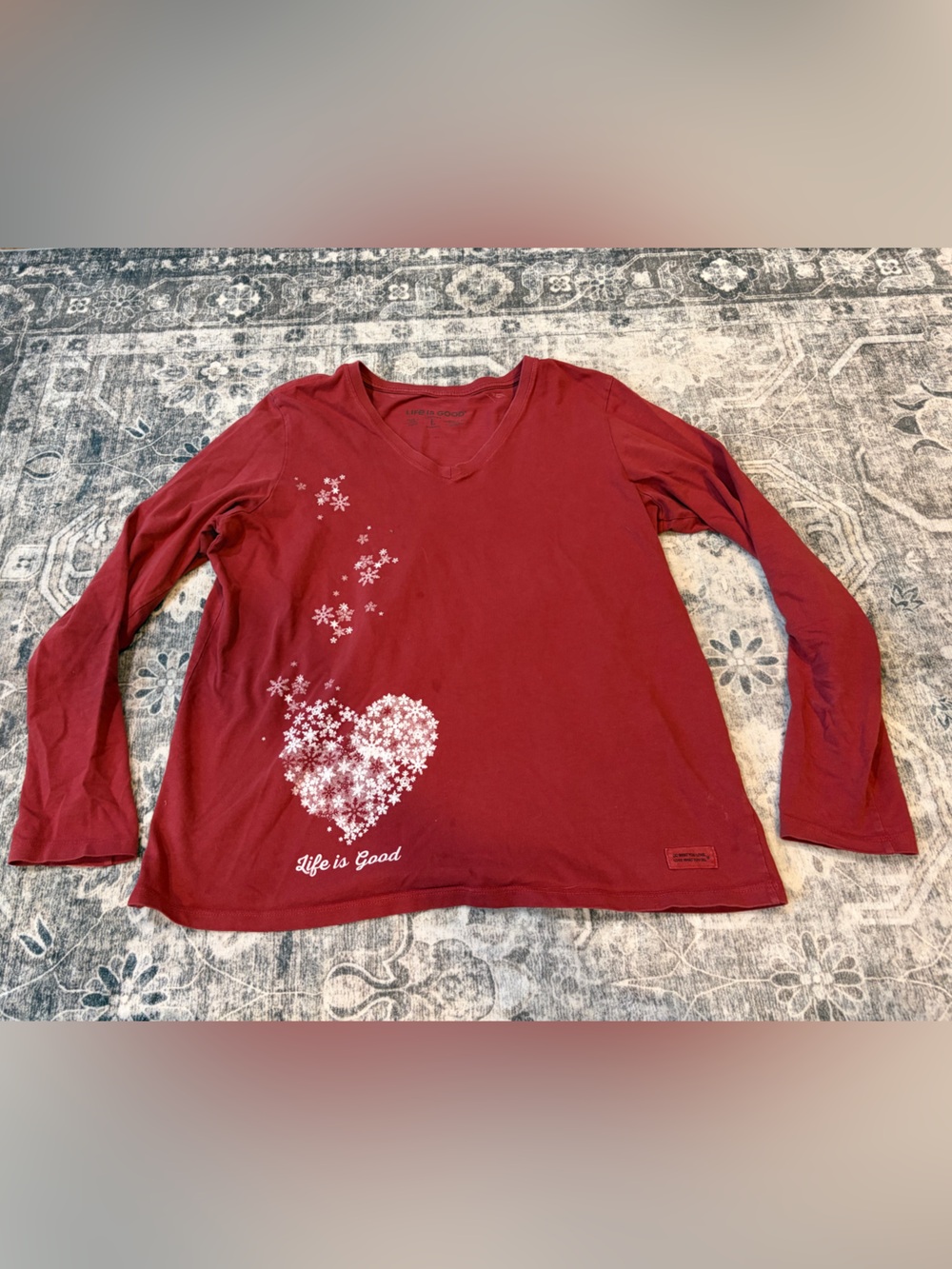 Life Is Good Red Long-Sleeve V-Neck Tee with White Snowflake Heart Graphic